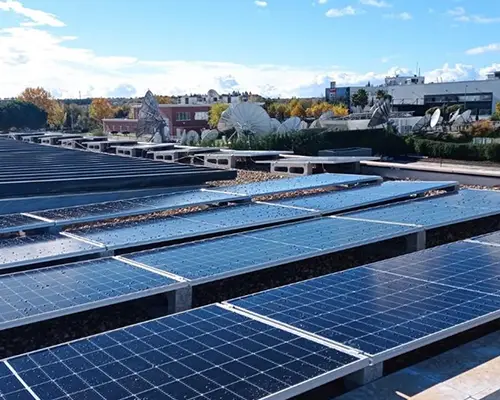 Solar panels on a roof with further buildings and trees in the background (Photo)