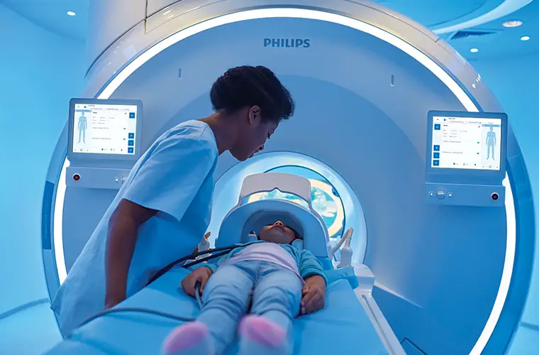 A nurse is guiding a child into a tube for a scan (Photo)