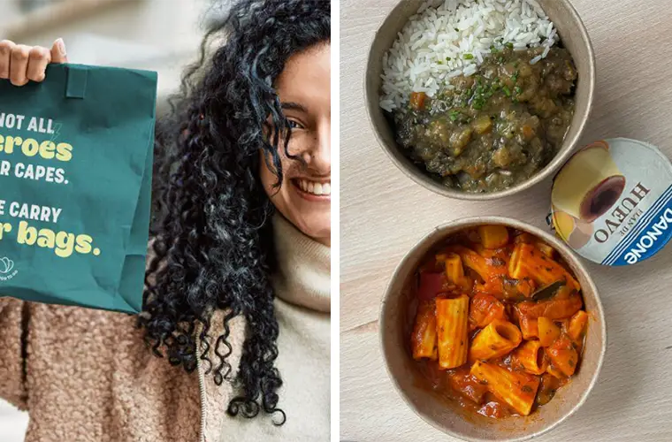 Split photo; left: a woman ist holding up a too-good-to-go bag; right: View from top of three meals in paper containers (Photo)